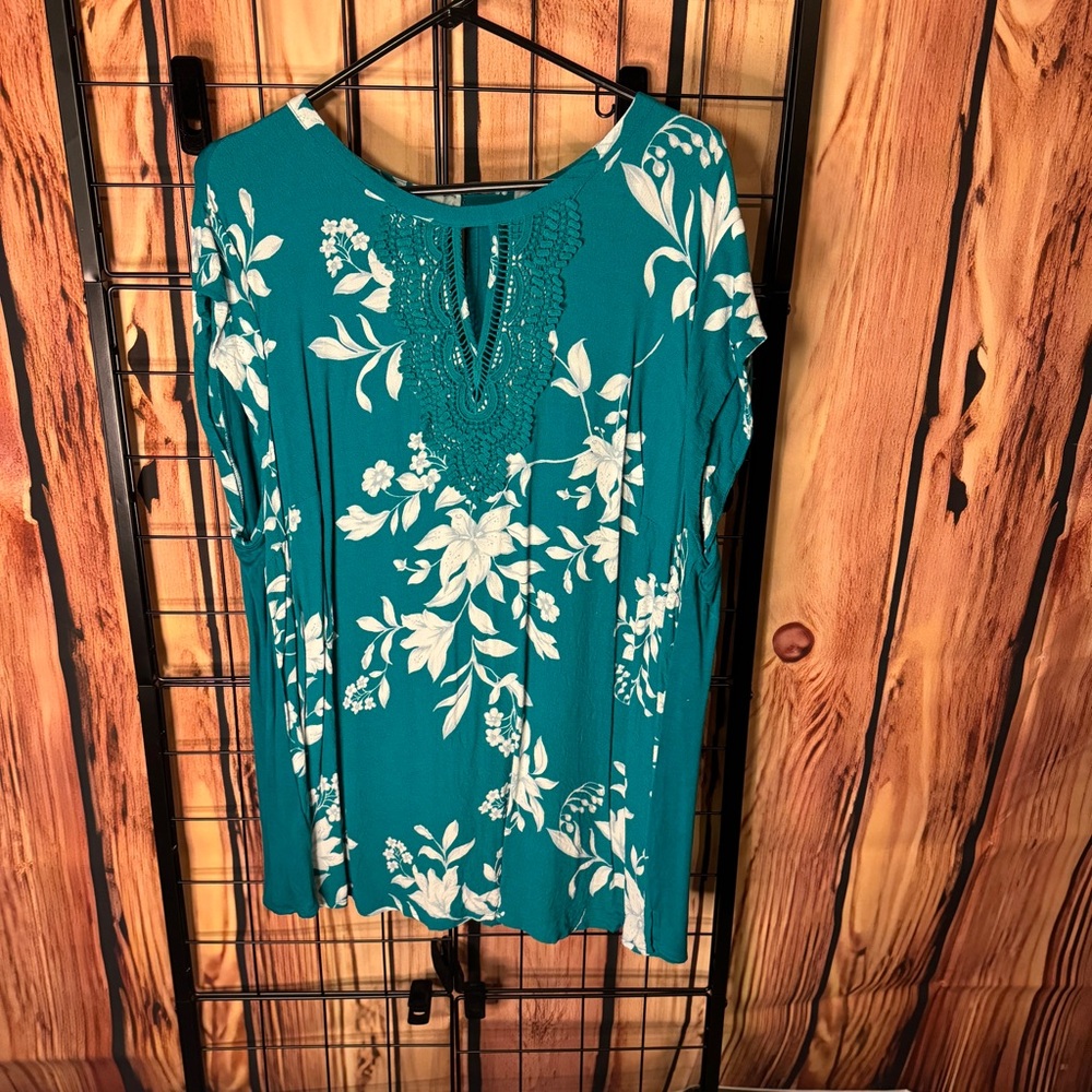 Daniel Rainn - Quin Cap Sleeve Mixed Material Top - Teal - 3x